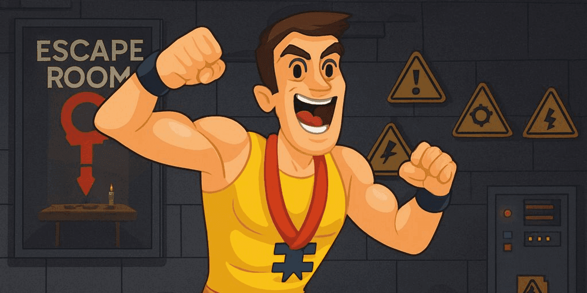 Cartoon of a fit person competing in an escape room