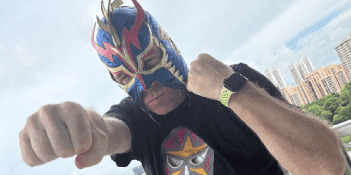 Brian dressed up as a wrestling character