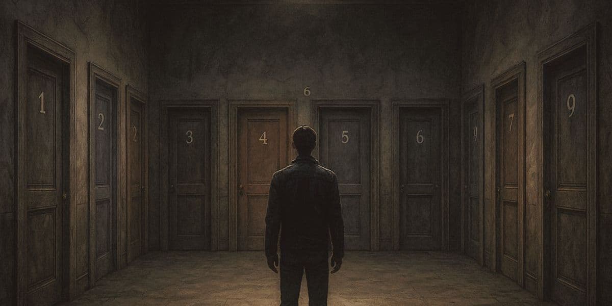 Silhouette of a person inside a dark hallway with nine doors in front of them