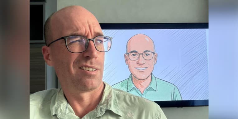 Brian in front of an AI-generated avatar of himself